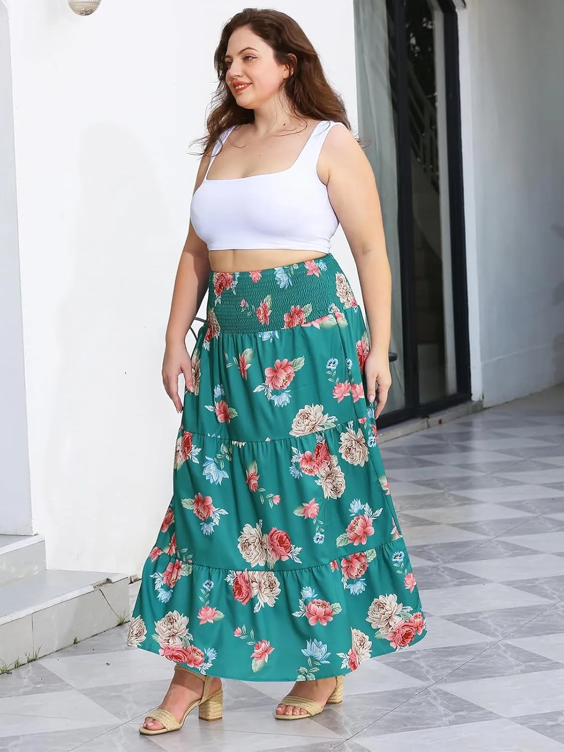 Women's Plus Size Maxi Skirt High Waist Pleated Flowy Floral Long Skirts with Pockets