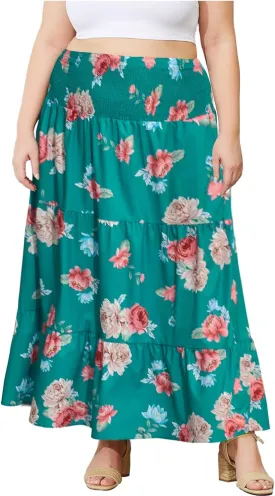 Women's Plus Size Maxi Skirt High Waist Pleated Flowy Floral Long Skirts with Pockets