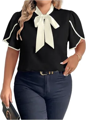 Women's Plus Size Work Office Blouse Bow Tie Neck Petal Sleeve Business Casual Blouse Shirts Top