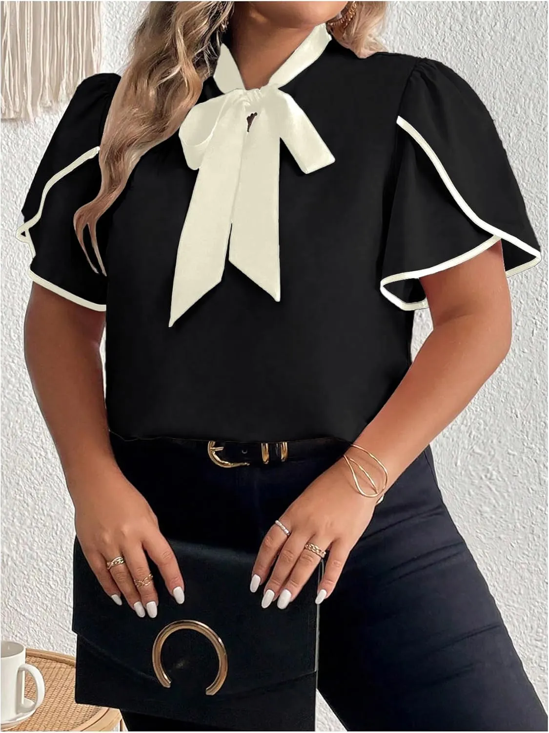 Women's Plus Size Work Office Blouse Bow Tie Neck Petal Sleeve Business Casual Blouse Shirts Top