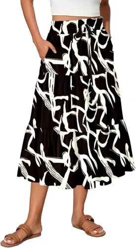 Womens Ruffled Tiered Floral Midi Skirts Casual High Waist Flowy Swing Dress 2025 Summer Boho Long Skirt with Pockets