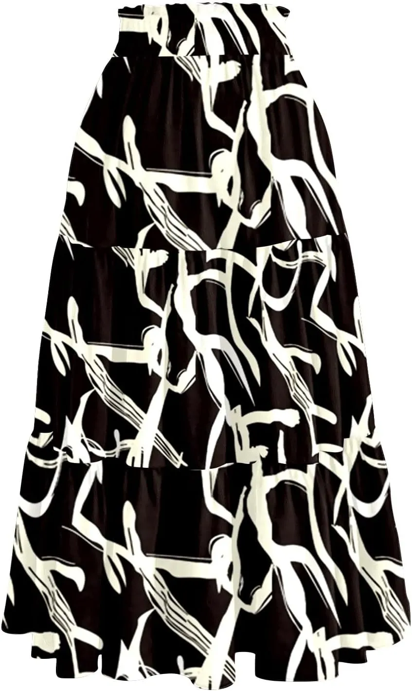 Womens Ruffled Tiered Floral Midi Skirts Casual High Waist Flowy Swing Dress 2025 Summer Boho Long Skirt with Pockets