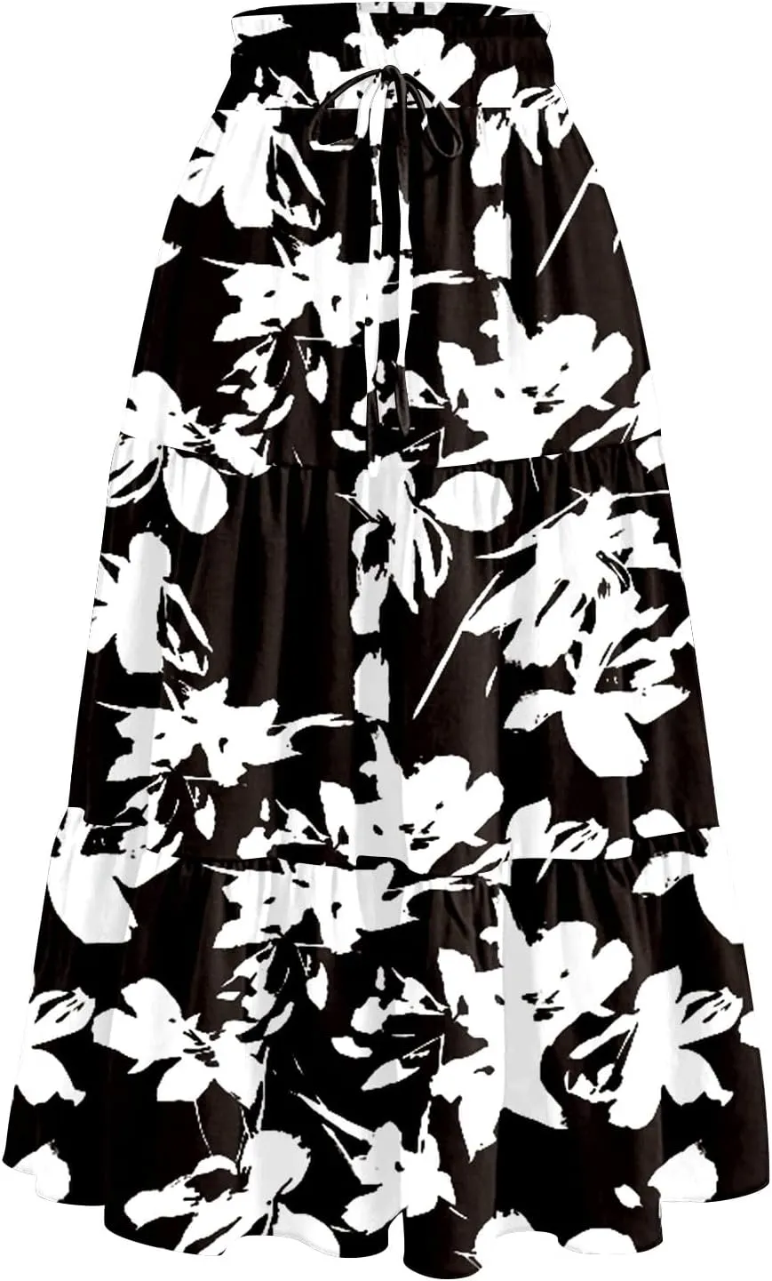 Womens Ruffled Tiered Floral Midi Skirts Casual High Waist Flowy Swing Dress 2025 Summer Boho Long Skirt with Pockets