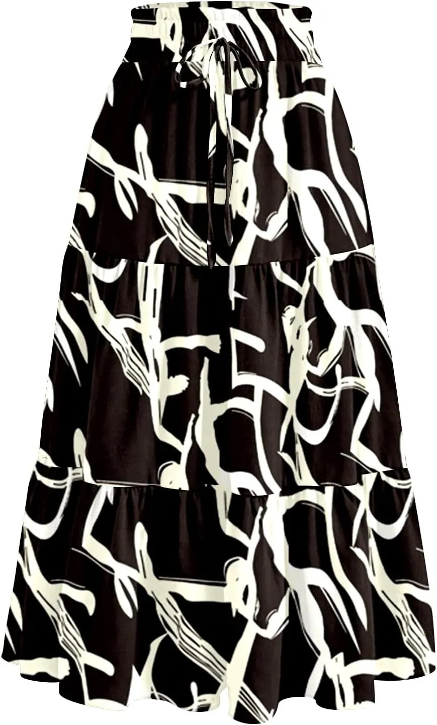 Womens Ruffled Tiered Floral Midi Skirts Casual High Waist Flowy Swing Dress 2025 Summer Boho Long Skirt with Pockets