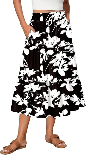 Womens Ruffled Tiered Floral Midi Skirts Casual High Waist Flowy Swing Dress 2025 Summer Boho Long Skirt with Pockets