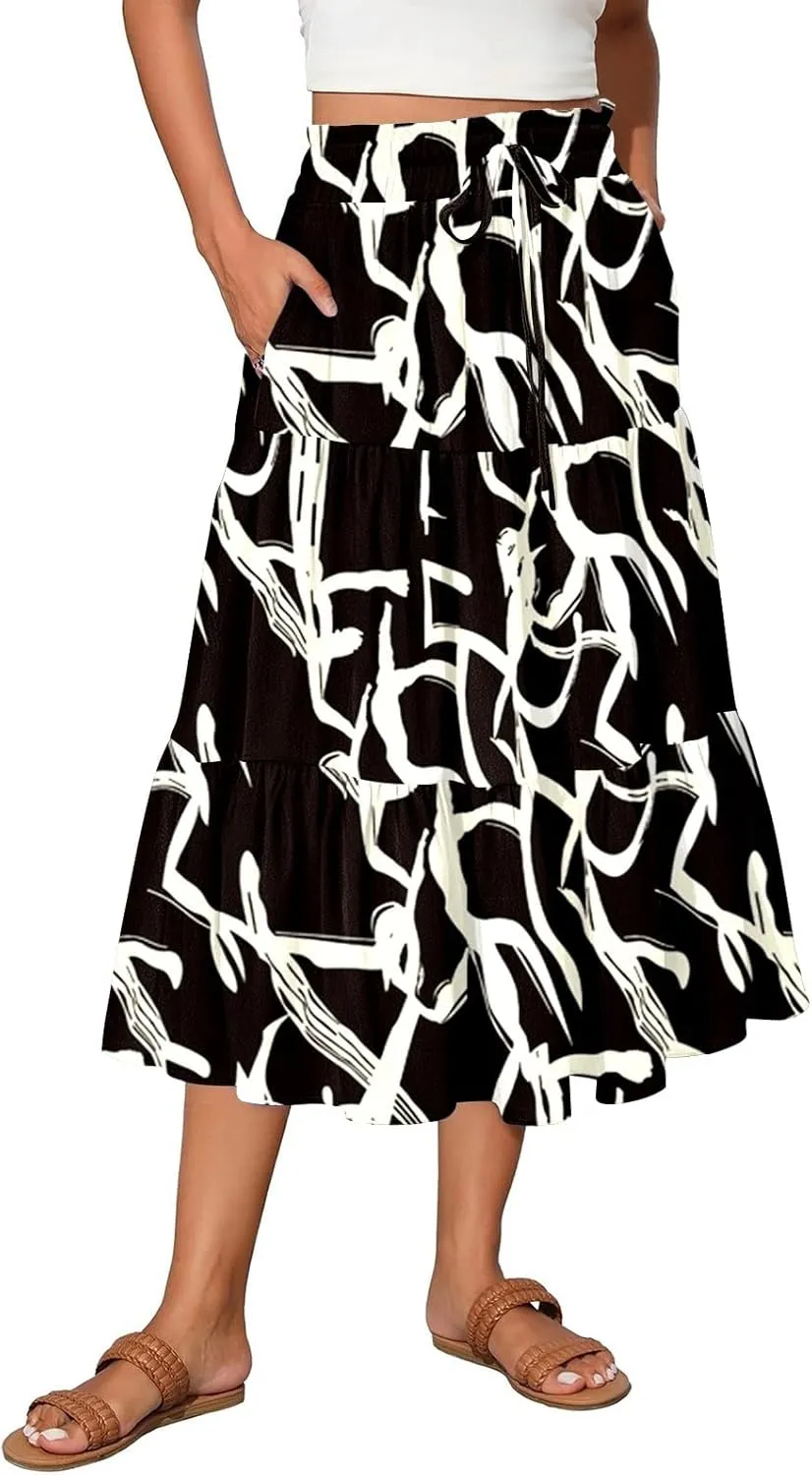 Womens Ruffled Tiered Floral Midi Skirts Casual High Waist Flowy Swing Dress 2025 Summer Boho Long Skirt with Pockets