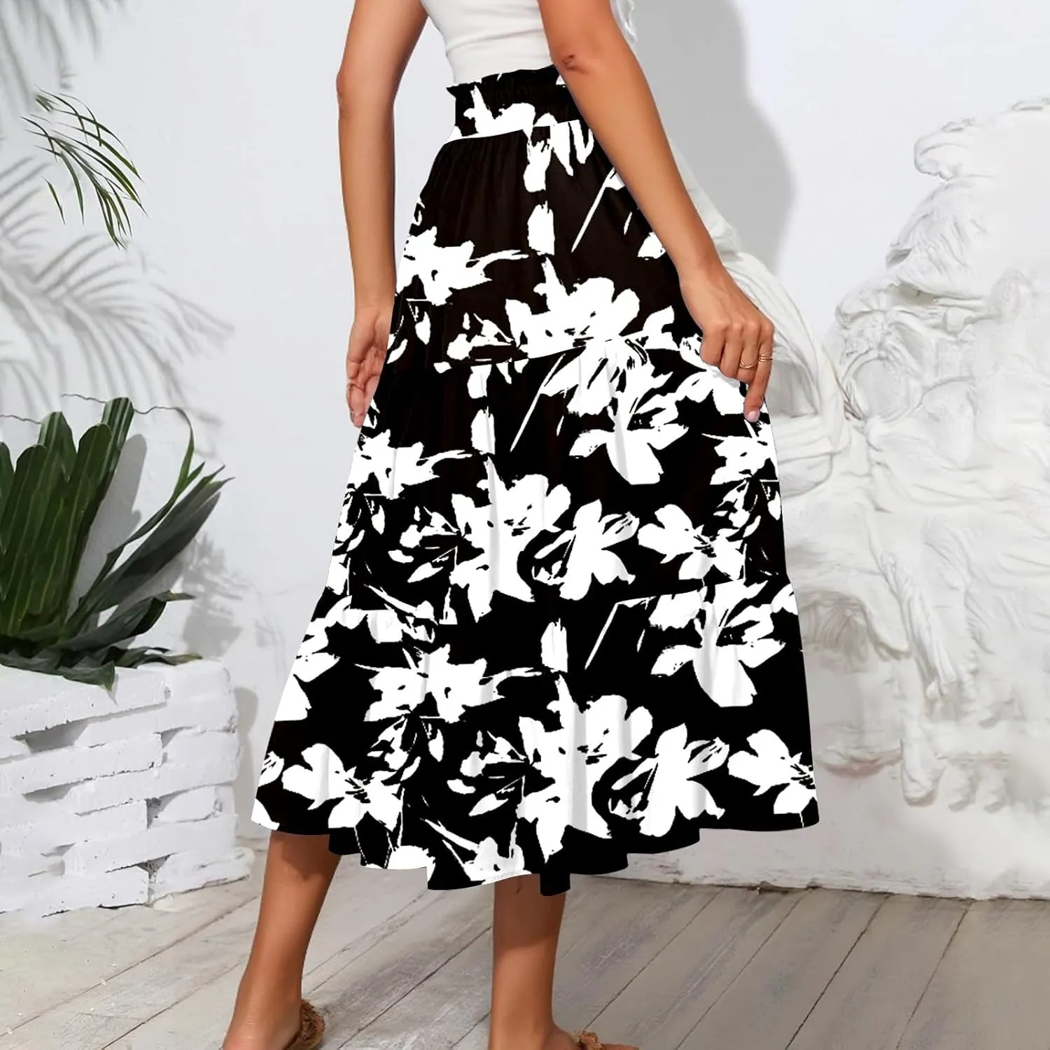 Womens Ruffled Tiered Floral Midi Skirts Casual High Waist Flowy Swing Dress 2025 Summer Boho Long Skirt with Pockets