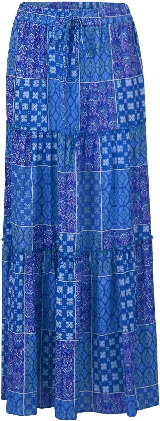 Women's Skirts 2025 Summer Casual High Waist Tie Boho Vacation Beach Long Skirt with Pockets