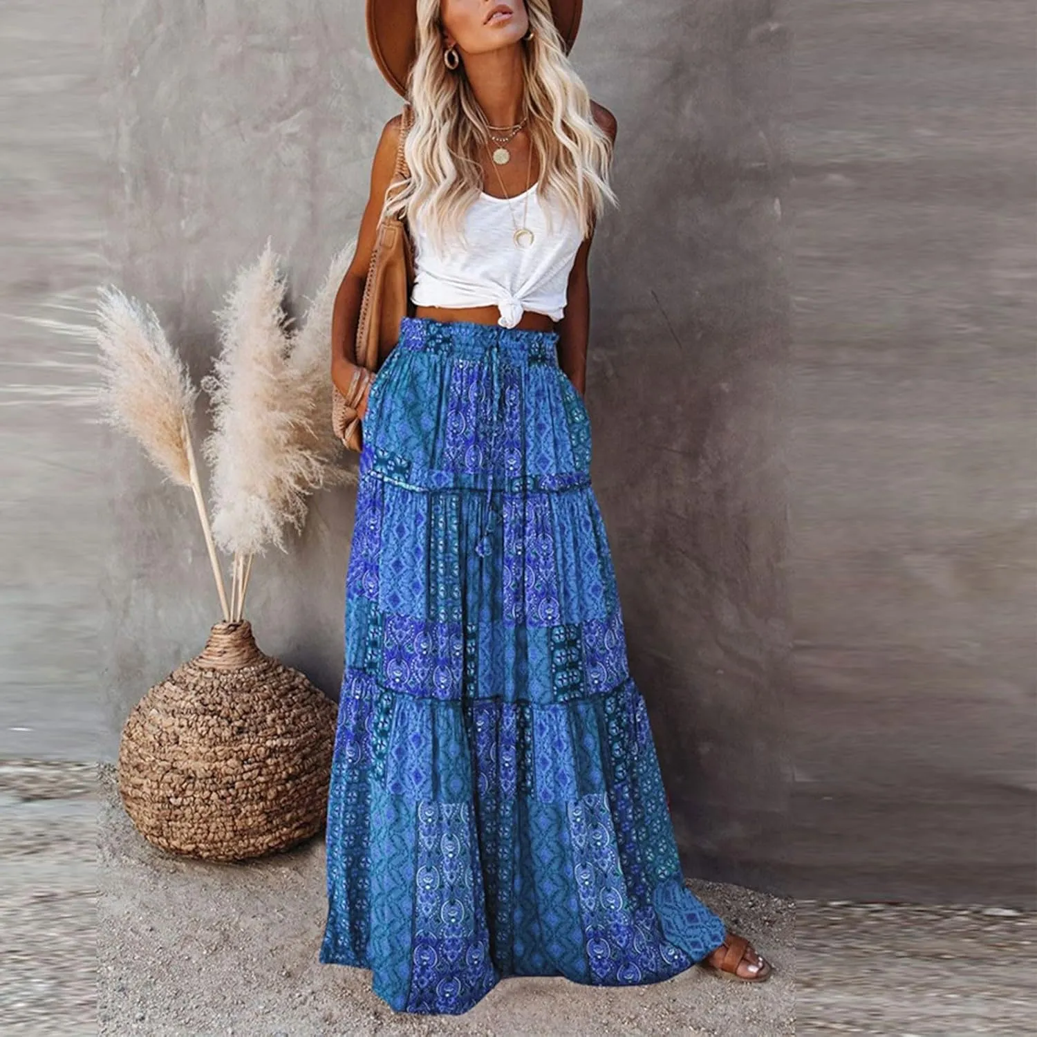 Women's Skirts 2025 Summer Casual High Waist Tie Boho Vacation Beach Long Skirt with Pockets