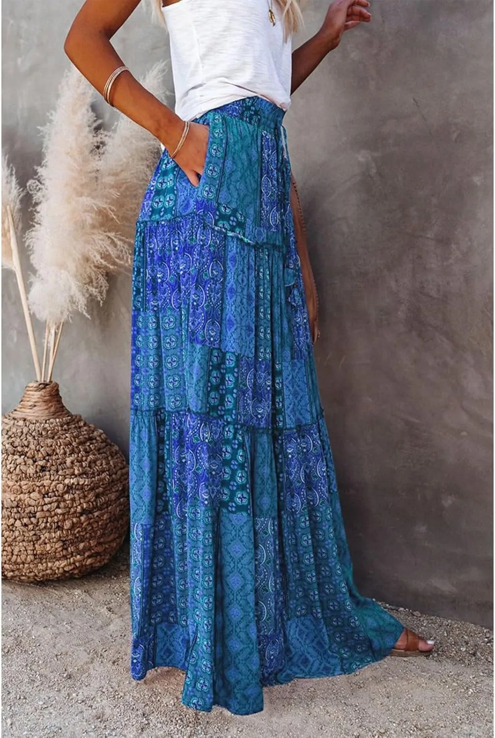 Women's Skirts 2025 Summer Casual High Waist Tie Boho Vacation Beach Long Skirt with Pockets