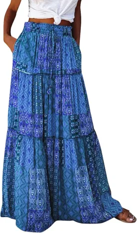 Women's Skirts 2025 Summer Casual High Waist Tie Boho Vacation Beach Long Skirt with Pockets