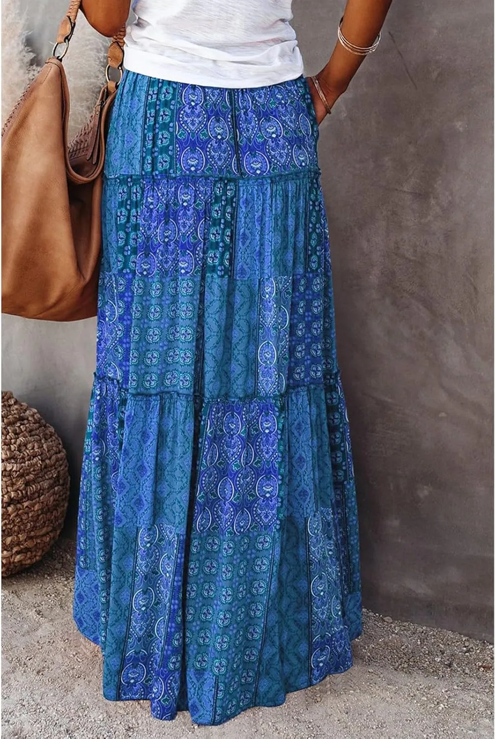 Women's Skirts 2025 Summer Casual High Waist Tie Boho Vacation Beach Long Skirt with Pockets