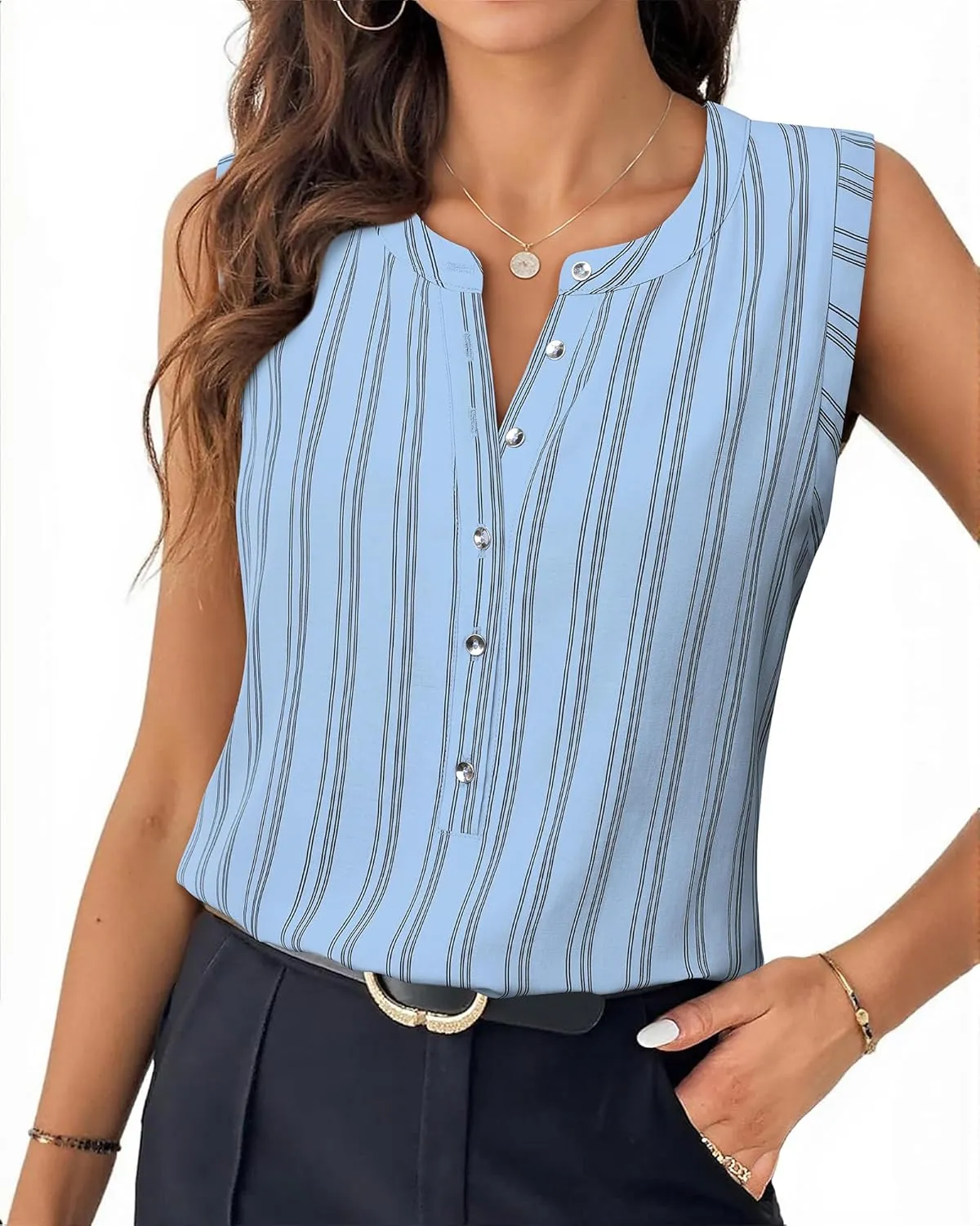 Womens Sleeveless Button Down Shirts Blouses Striped Casual Business Tank Tops Office Work