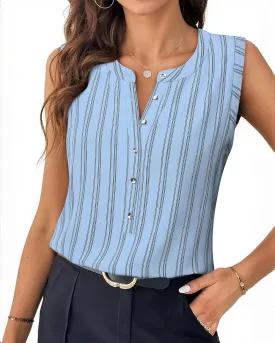 Womens Sleeveless Button Down Shirts Blouses Striped Casual Business Tank Tops Office Work