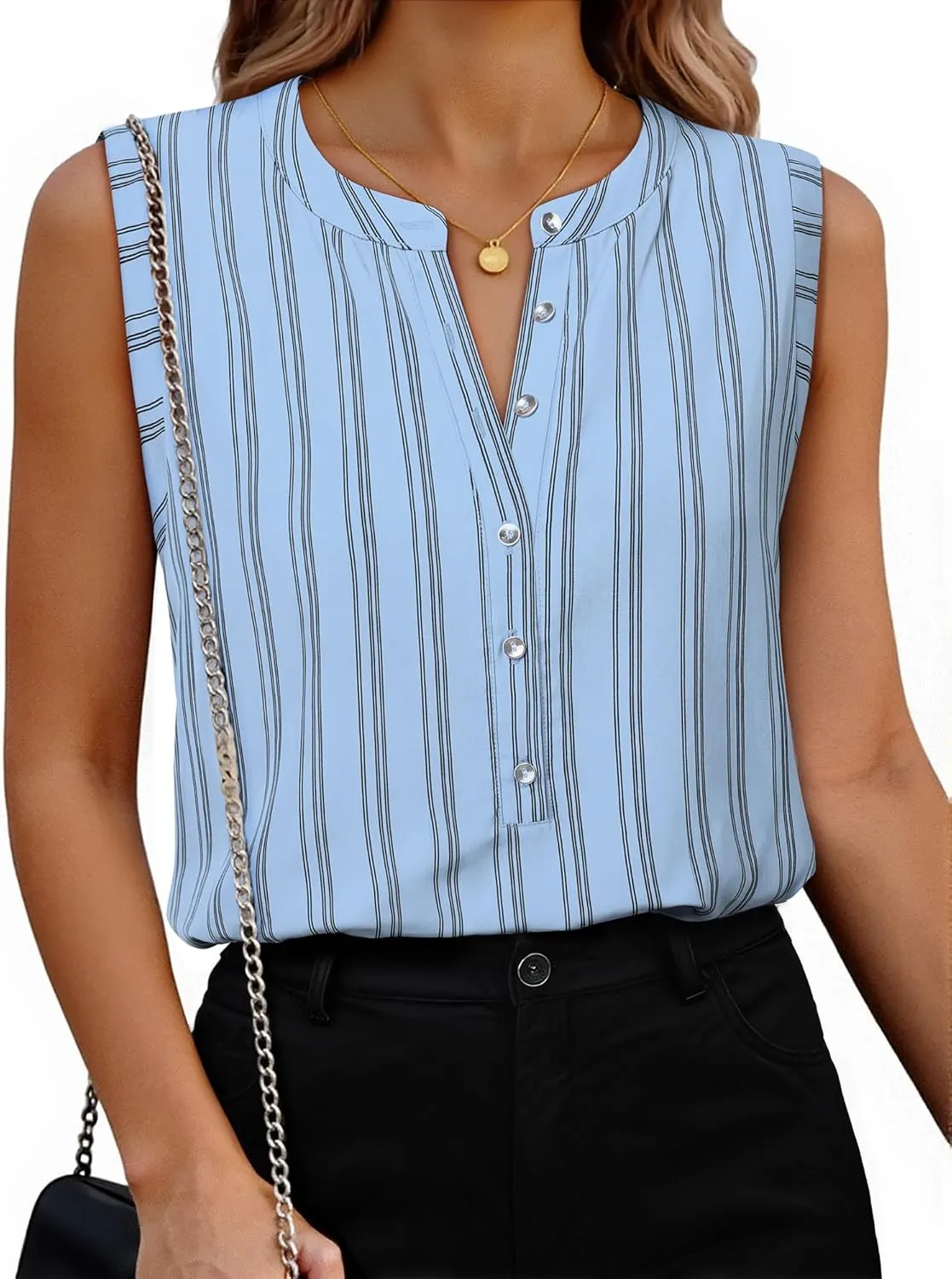 Womens Sleeveless Button Down Shirts Blouses Striped Casual Business Tank Tops Office Work