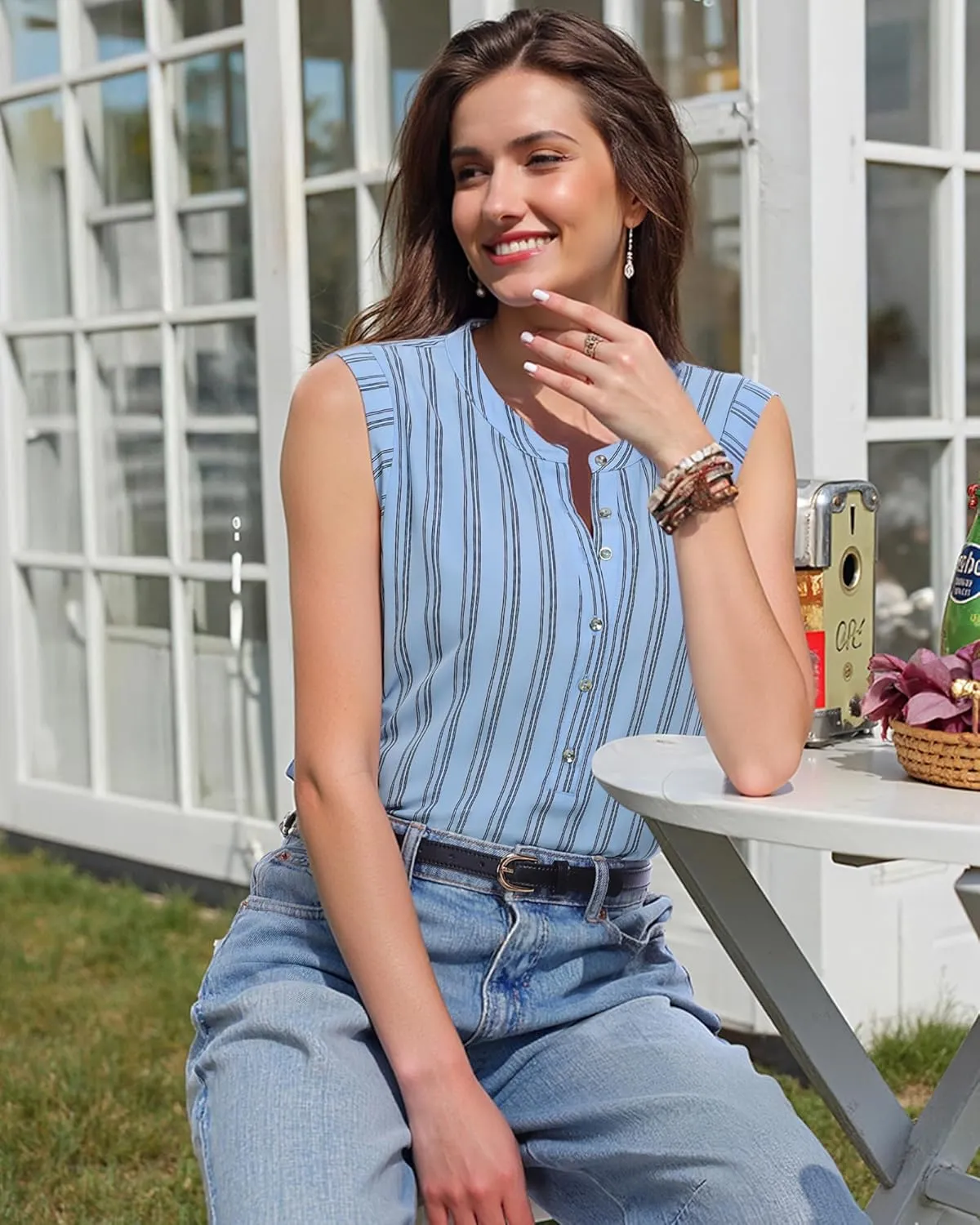 Womens Sleeveless Button Down Shirts Blouses Striped Casual Business Tank Tops Office Work