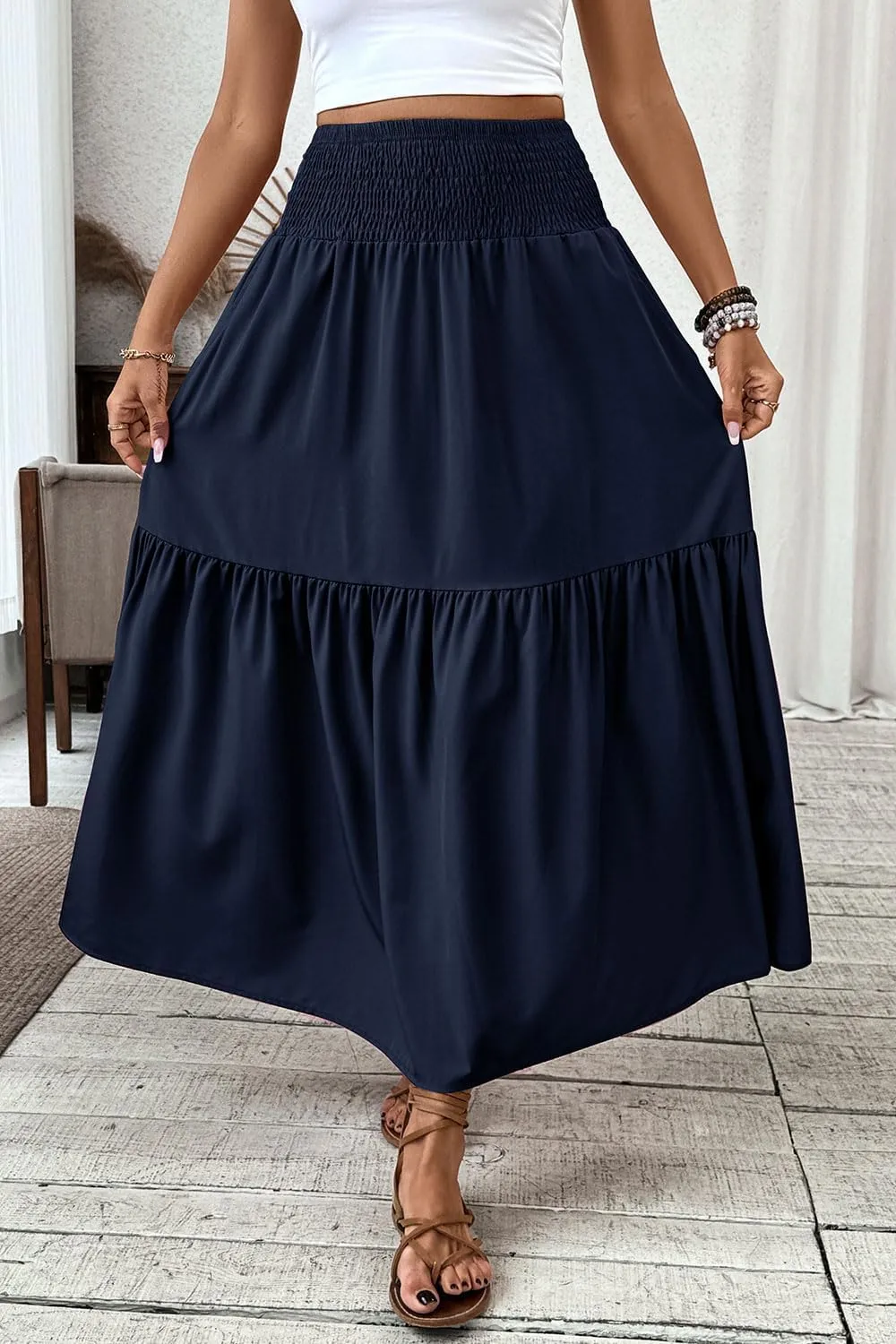 Women's Smocked High Waist Maxi Skirt Casual Boho Long Skirts with Pockets