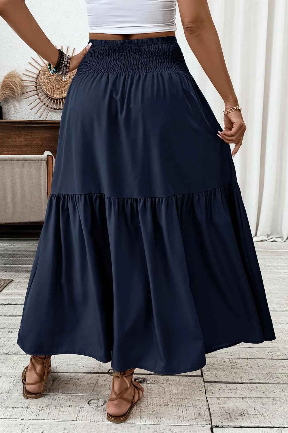 Women's Smocked High Waist Maxi Skirt Casual Boho Long Skirts with Pockets
