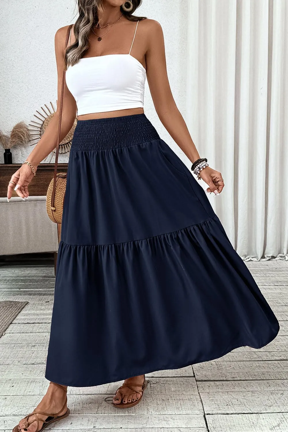 Women's Smocked High Waist Maxi Skirt Casual Boho Long Skirts with Pockets