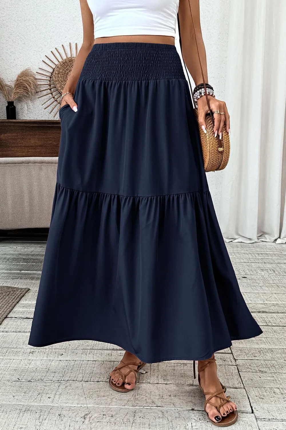 Women's Smocked High Waist Maxi Skirt Casual Boho Long Skirts with Pockets