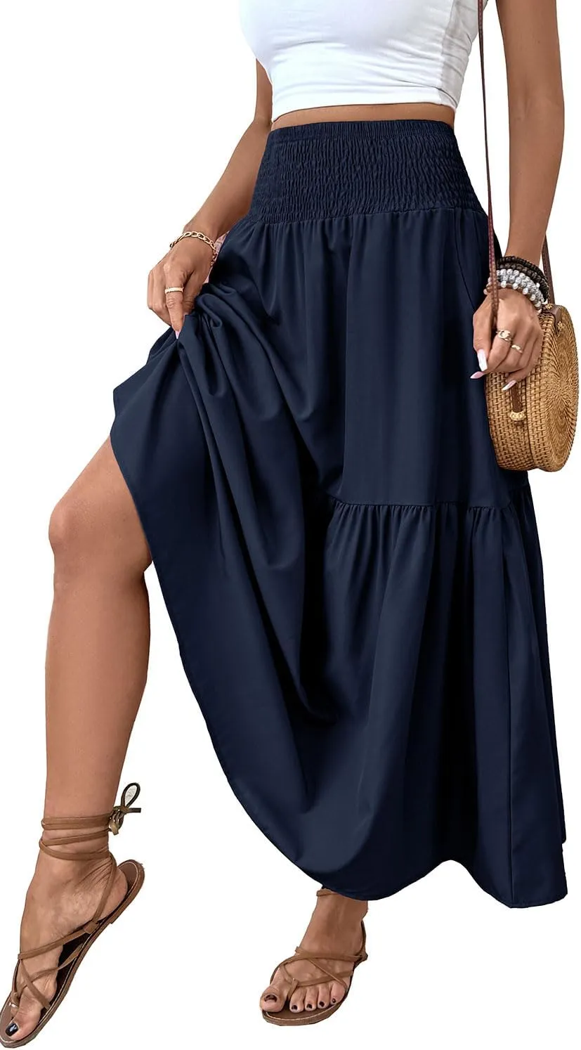 Women's Smocked High Waist Maxi Skirt Casual Boho Long Skirts with Pockets