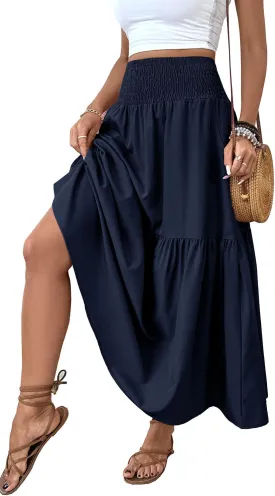 Women's Smocked High Waist Maxi Skirt Casual Boho Long Skirts with Pockets