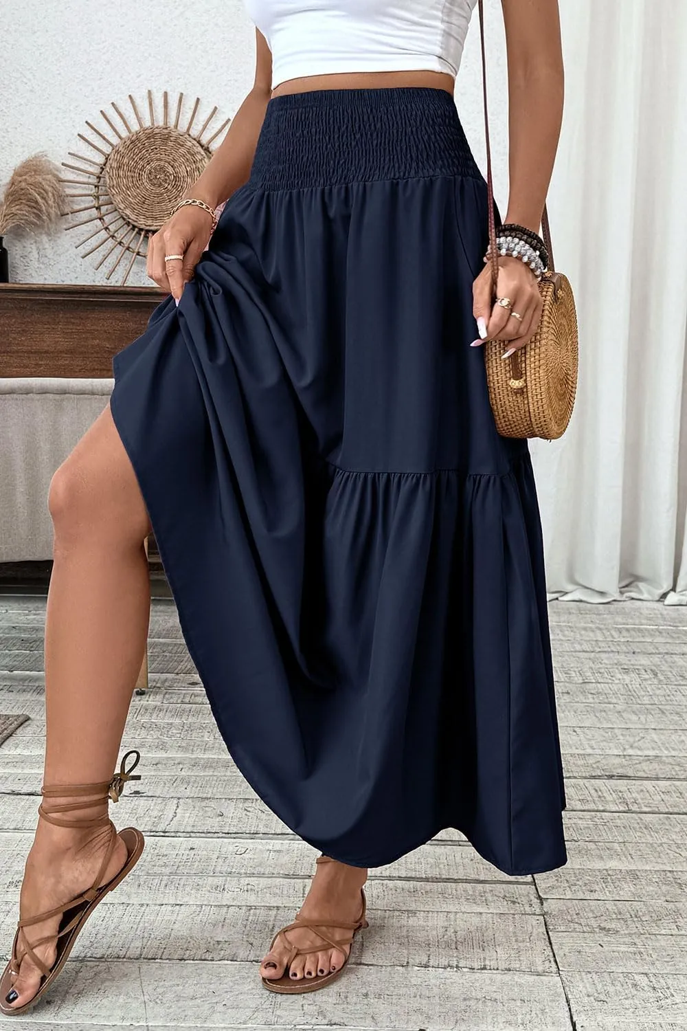 Women's Smocked High Waist Maxi Skirt Casual Boho Long Skirts with Pockets