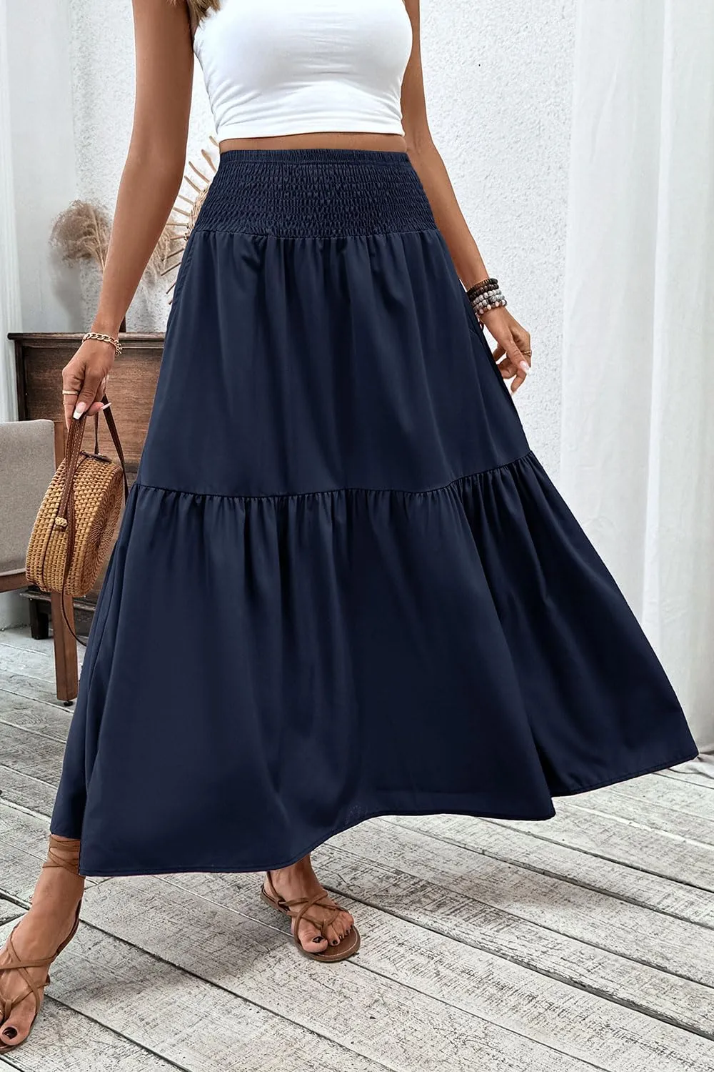 Women's Smocked High Waist Maxi Skirt Casual Boho Long Skirts with Pockets