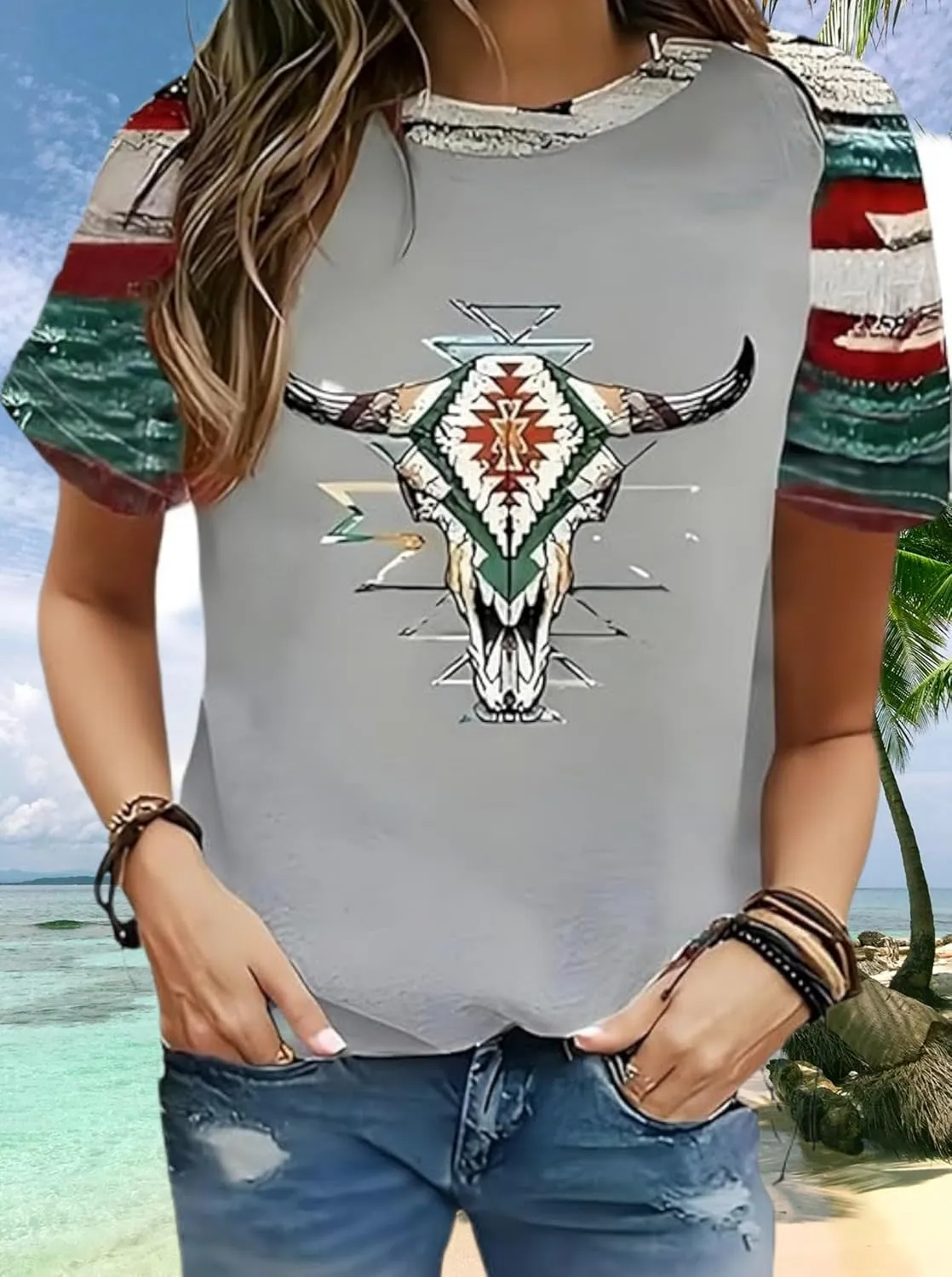 Women's Southwest Tribe Printed T-Shirt Boho Style Casual Round Neck Top Aztec Geometric Bull Head Pattern Shirt
