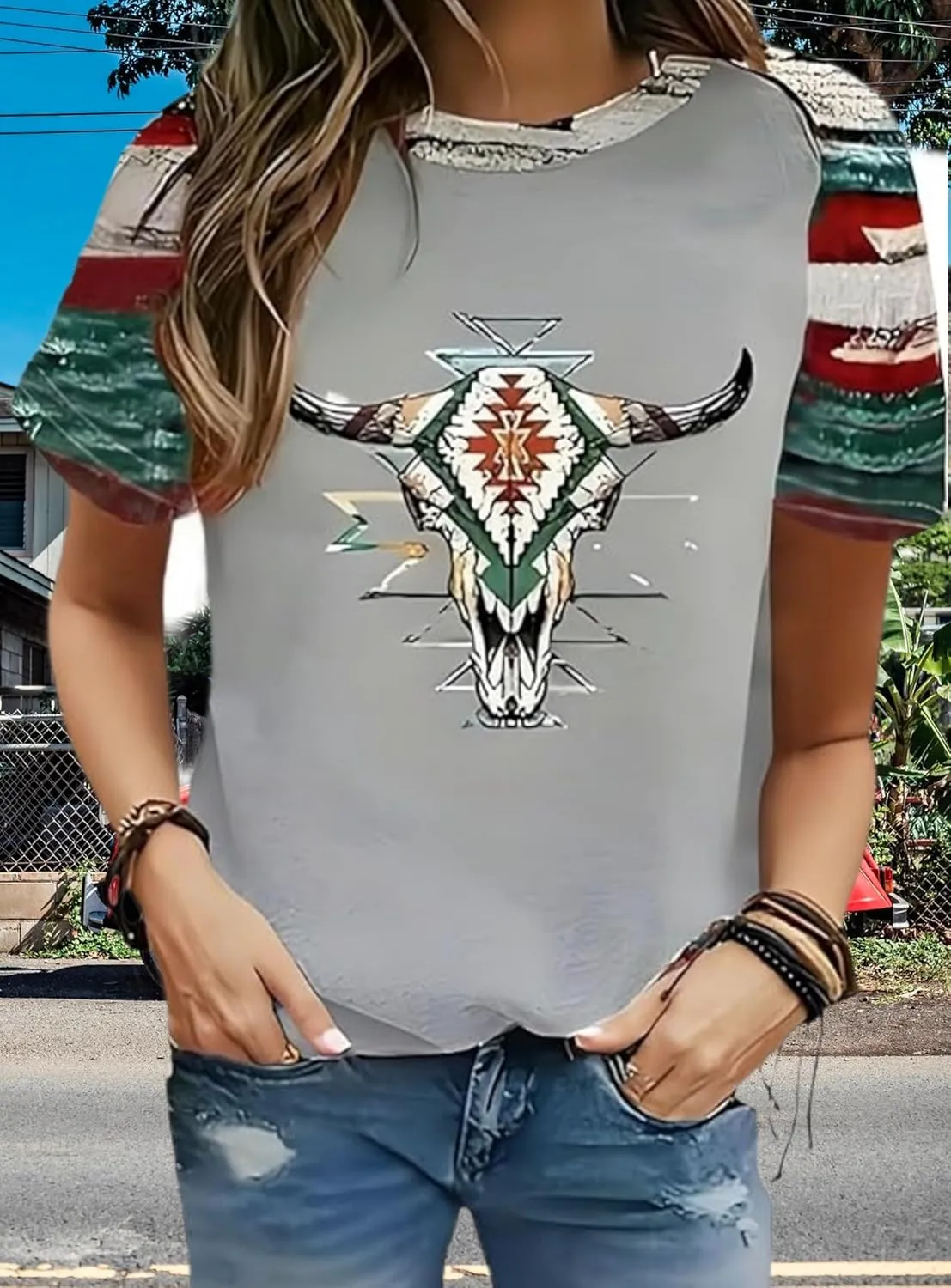 Women's Southwest Tribe Printed T-Shirt Boho Style Casual Round Neck Top Aztec Geometric Bull Head Pattern Shirt