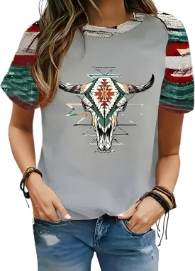 Women's Southwest Tribe Printed T-Shirt Boho Style Casual Round Neck Top Aztec Geometric Bull Head Pattern Shirt