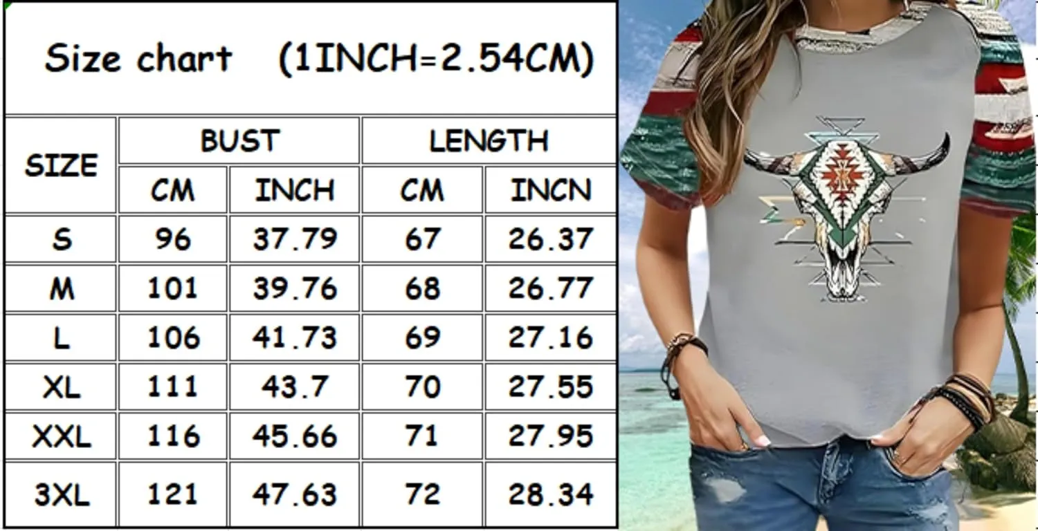 Women's Southwest Tribe Printed T-Shirt Boho Style Casual Round Neck Top Aztec Geometric Bull Head Pattern Shirt