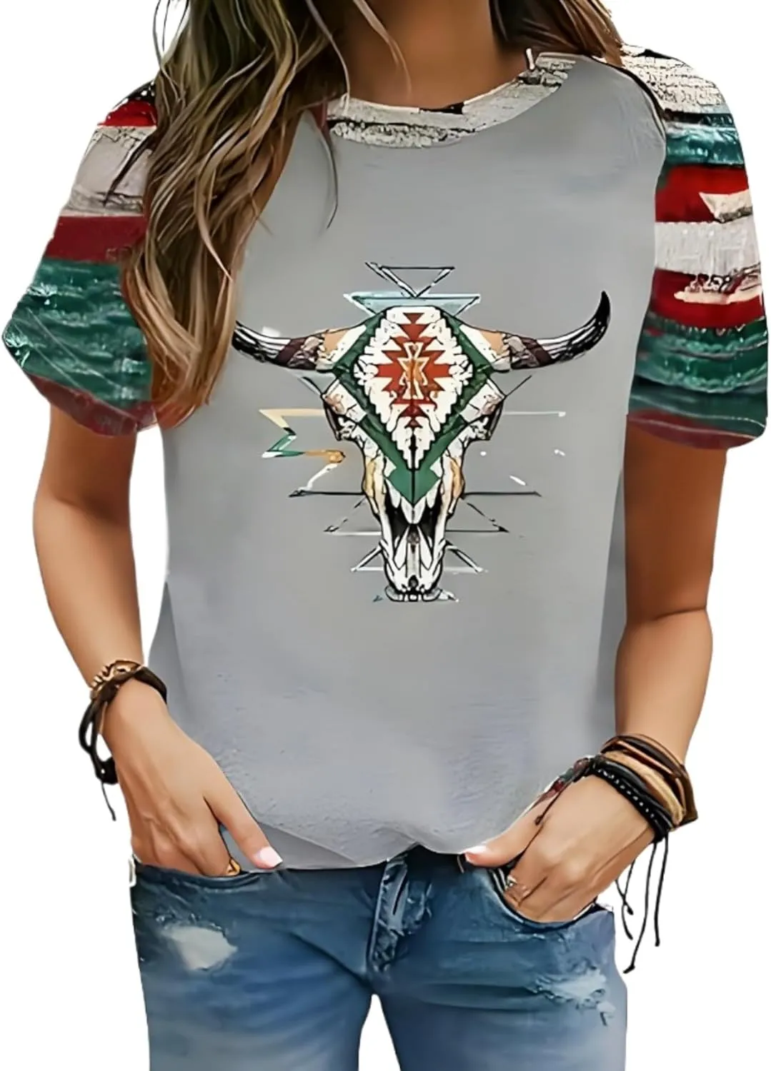 Women's Southwest Tribe Printed T-Shirt Boho Style Casual Round Neck Top Aztec Geometric Bull Head Pattern Shirt