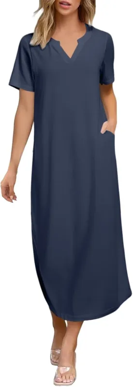 Women's Summer Casual Maxi Dress Short Sleeves V Neck Loose Split Long Beach Shirt Dresses Vacation with Pockets