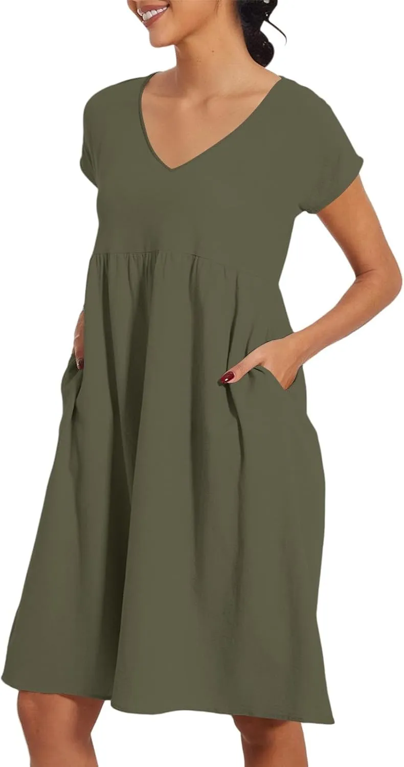 Women's Summer Dresses 2025 Beach Casual Deep V Neck Loose Short Sleeve Mini Sundress with Pockets