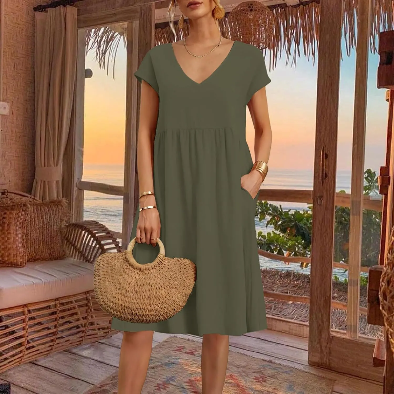 Women's Summer Dresses 2025 Beach Casual Deep V Neck Loose Short Sleeve Mini Sundress with Pockets