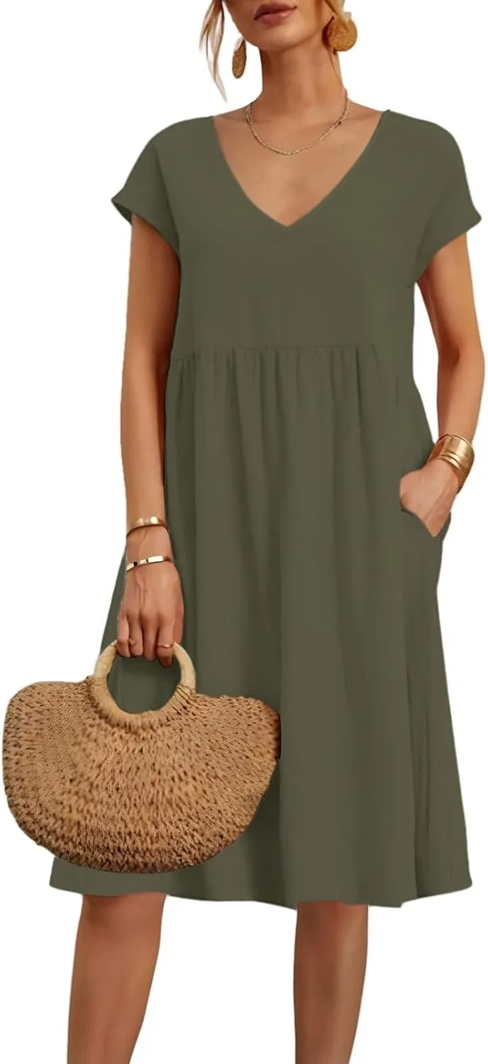 Women's Summer Dresses 2025 Beach Casual Deep V Neck Loose Short Sleeve Mini Sundress with Pockets