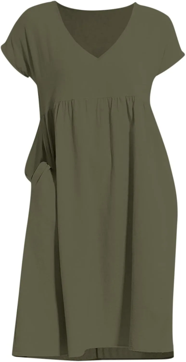 Women's Summer Dresses 2025 Beach Casual Deep V Neck Loose Short Sleeve Mini Sundress with Pockets