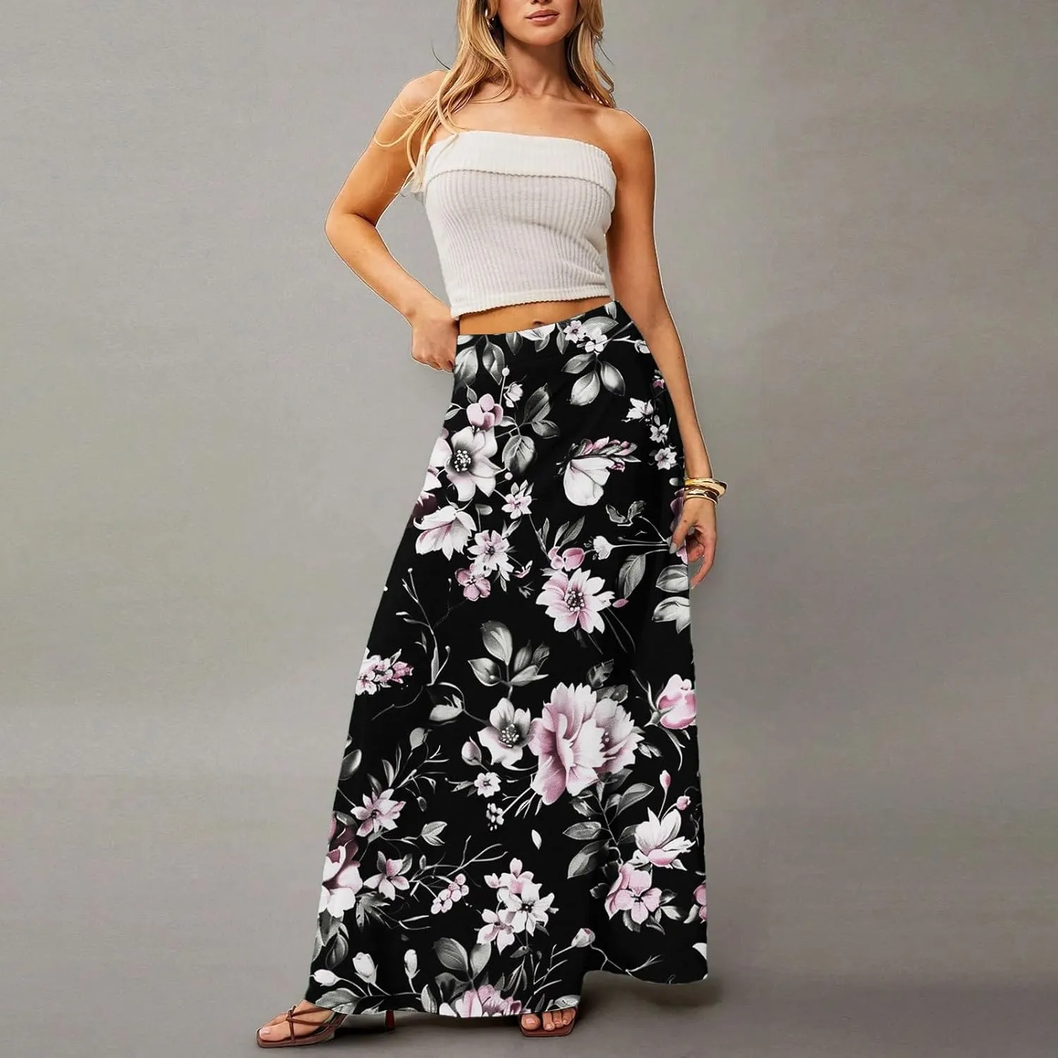 Women's Summer Skirts 2025 Elastic High Waist Flared Maxi Skirts Floral Swing Midi Casual Long Skirt, S-2XL