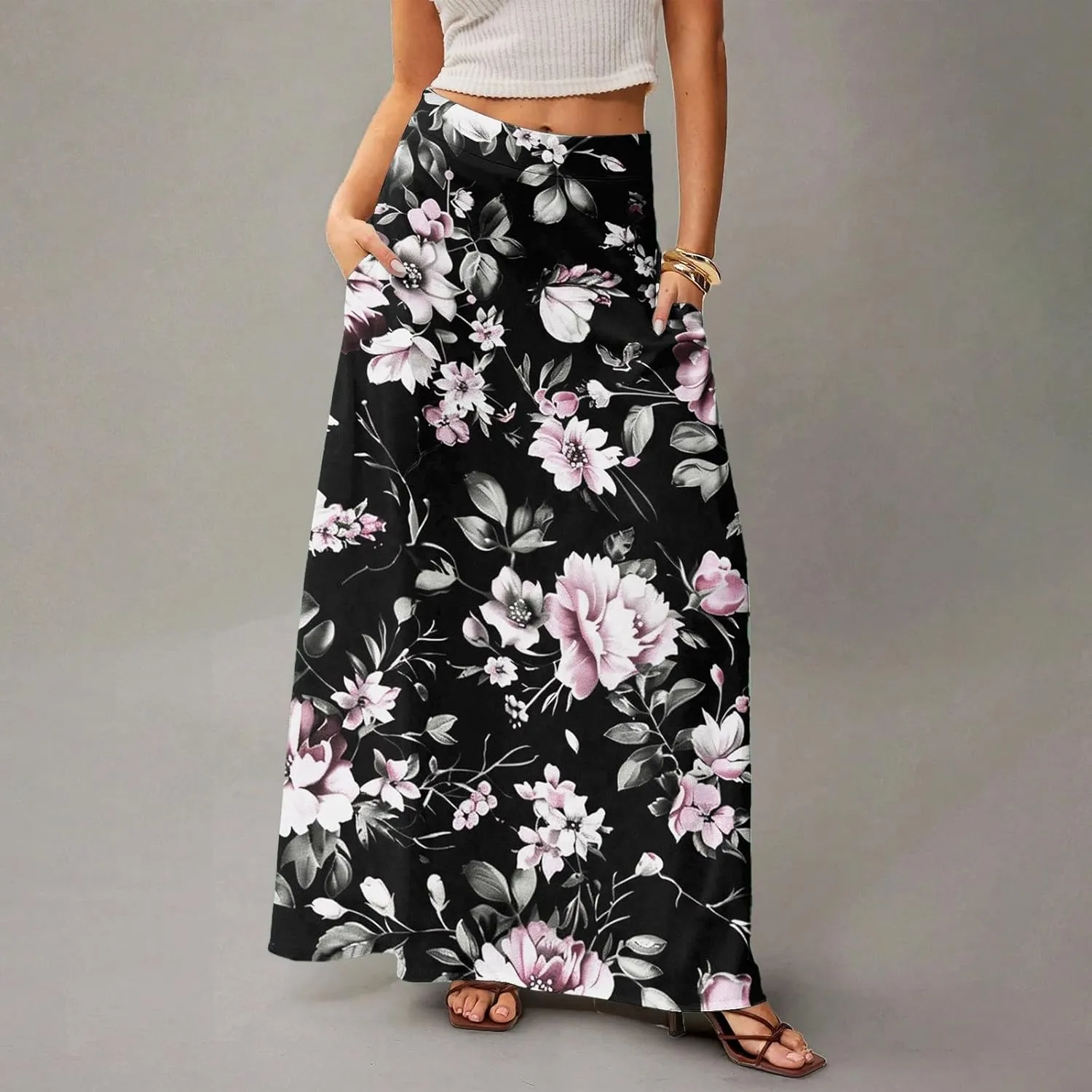 Women's Summer Skirts 2025 Elastic High Waist Flared Maxi Skirts Floral Swing Midi Casual Long Skirt, S-2XL