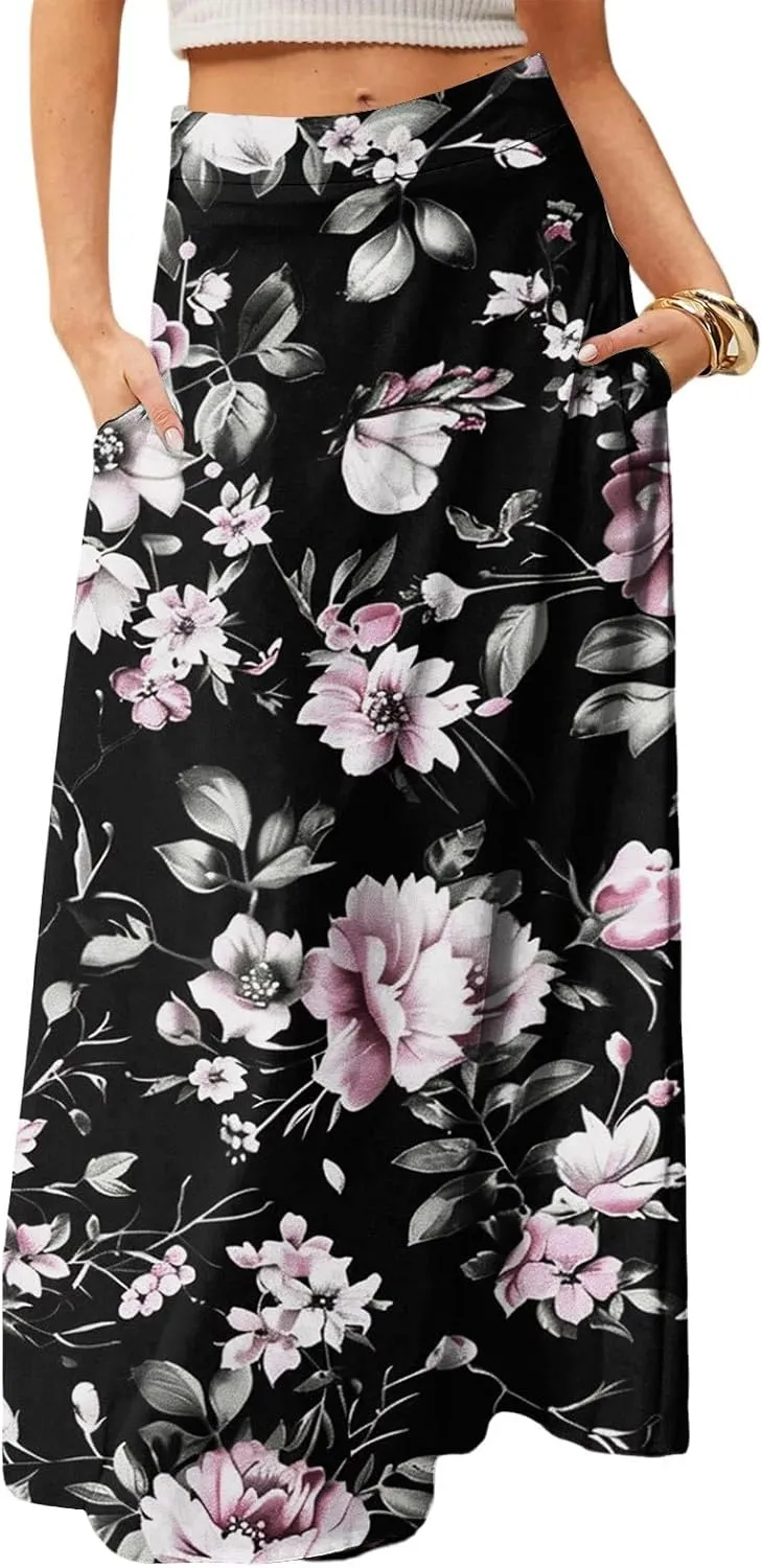 Women's Summer Skirts 2025 Elastic High Waist Flared Maxi Skirts Floral Swing Midi Casual Long Skirt, S-2XL