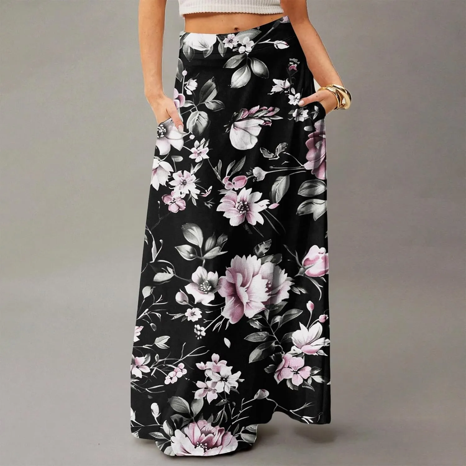 Women's Summer Skirts 2025 Elastic High Waist Flared Maxi Skirts Floral Swing Midi Casual Long Skirt, S-2XL