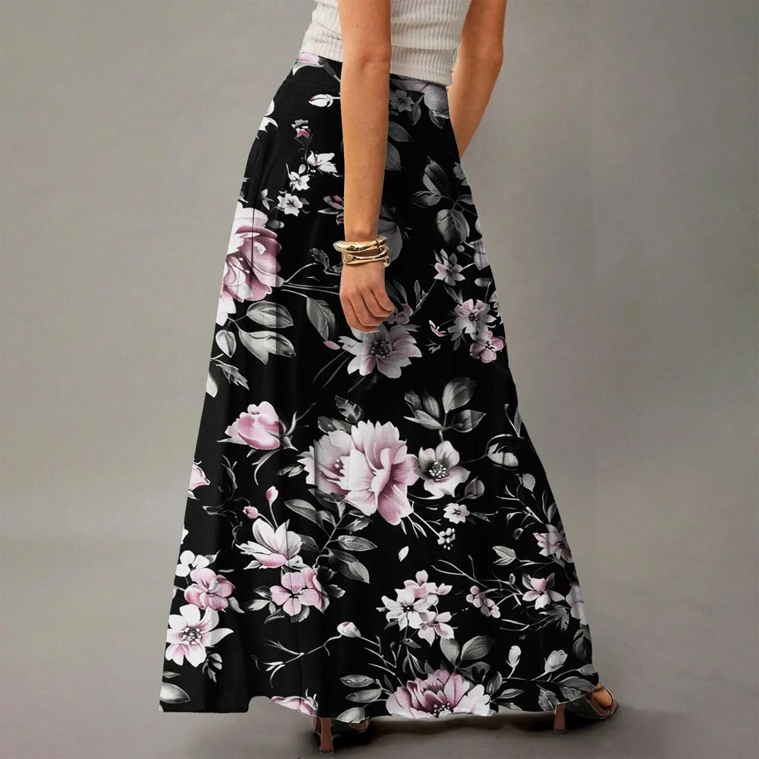 Women's Summer Skirts 2025 Elastic High Waist Flared Maxi Skirts Floral Swing Midi Casual Long Skirt, S-2XL