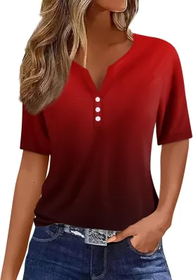 Women'S T-Shirts Button Down Tunic Tops Short Sleeve Floral Blouse Henley V Neck Summer Clothes