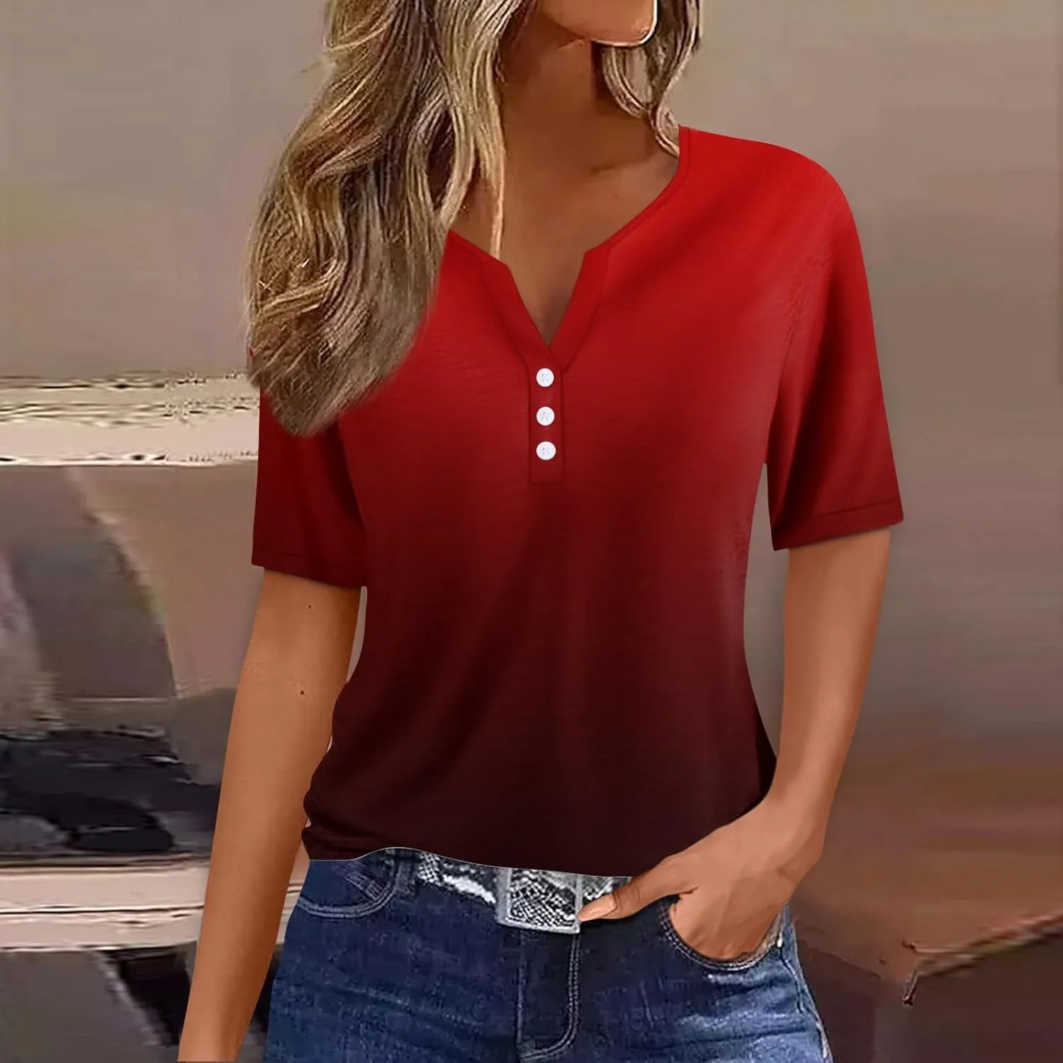 Women'S T-Shirts Button Down Tunic Tops Short Sleeve Floral Blouse Henley V Neck Summer Clothes