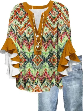 Womens Tops 3/4 Length Sleeves Floral Shirts Flowy Ruffle Sleeve Tops Half Button Down Shirt Summer V Neck Blouse