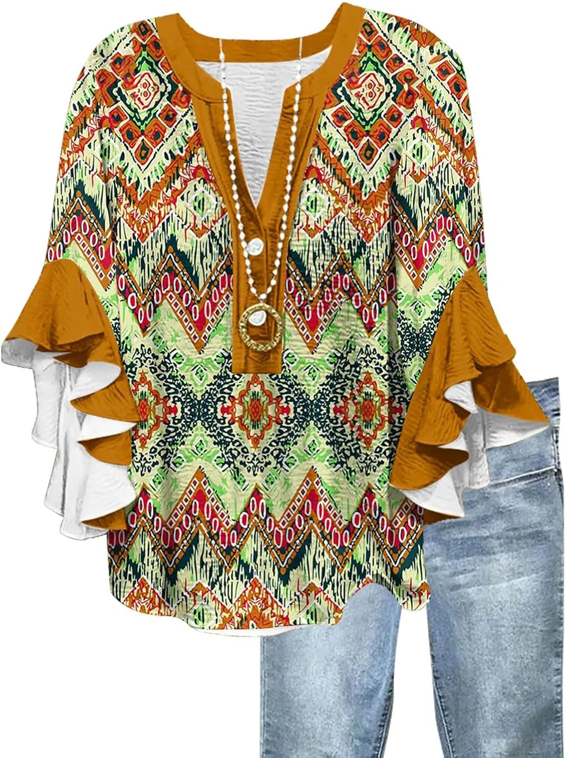 Womens Tops 3/4 Length Sleeves Floral Shirts Flowy Ruffle Sleeve Tops Half Button Down Shirt Summer V Neck Blouse