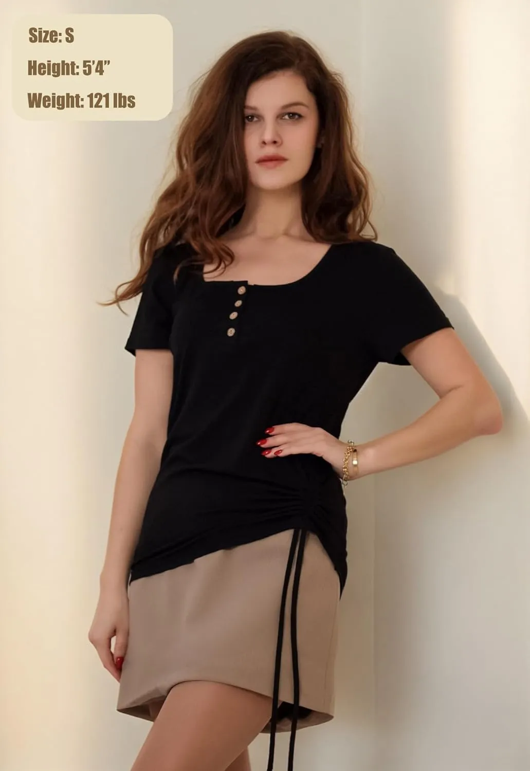 Womens Tops Short Sleeve Summer Henley Shirts Scoop Neck Ruched Button Blouses Dressy Casual Tunics Loose Fit Tops