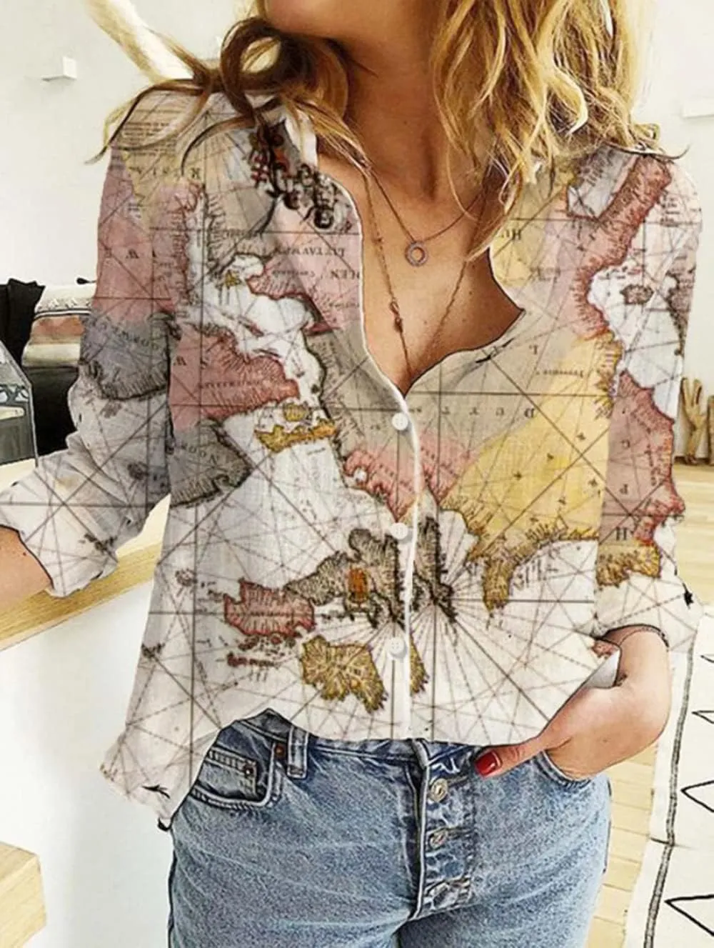 Women's World Map 3D Print T-Shirt, Casual Loose Button UP Front Blouse Button-Up Shirt V-Neck Short Sleeve Casual Top