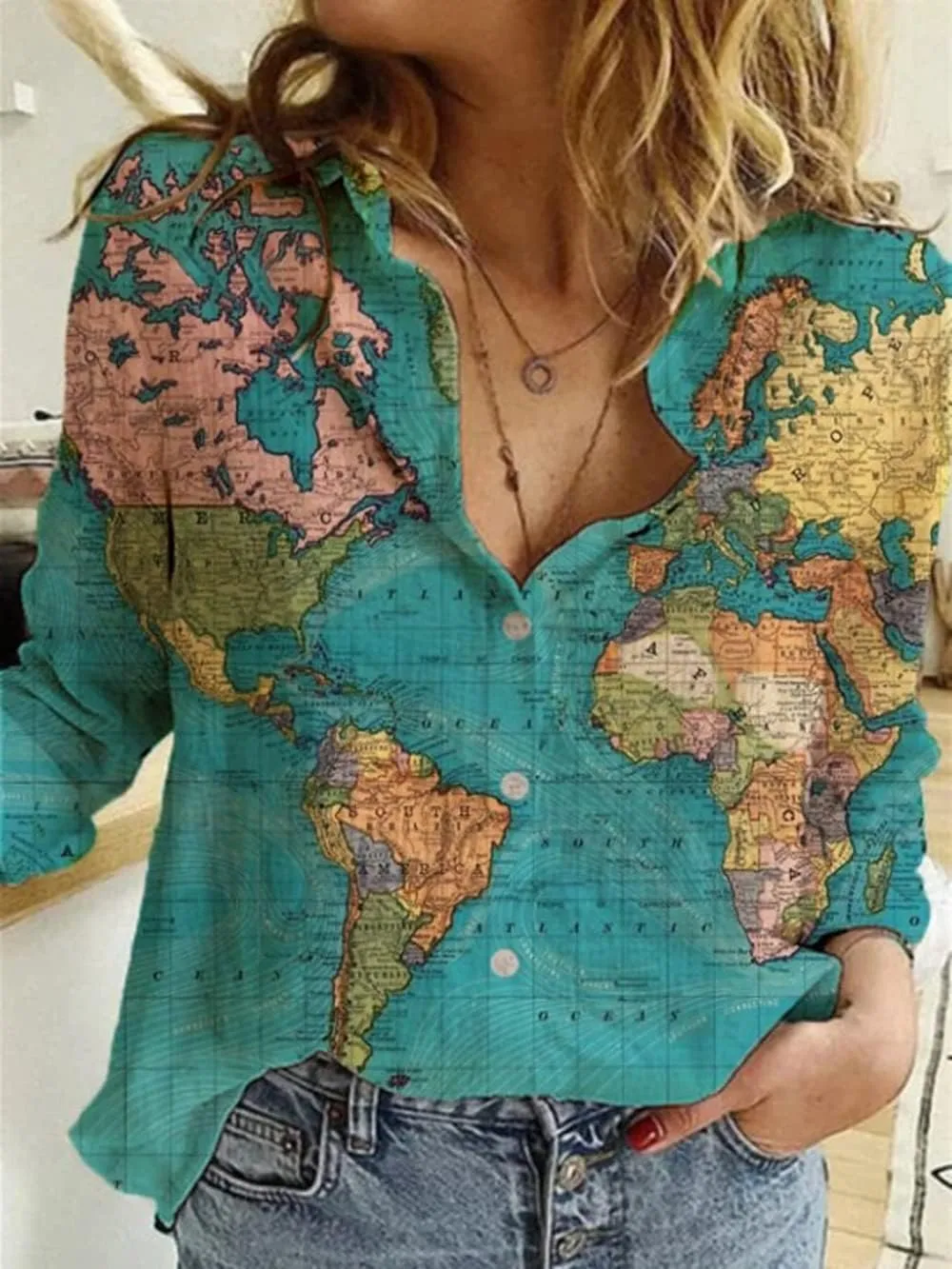 Women's World Map 3D Print T-Shirt, Casual Loose Button UP Front Blouse Button-Up Shirt V-Neck Short Sleeve Casual Top